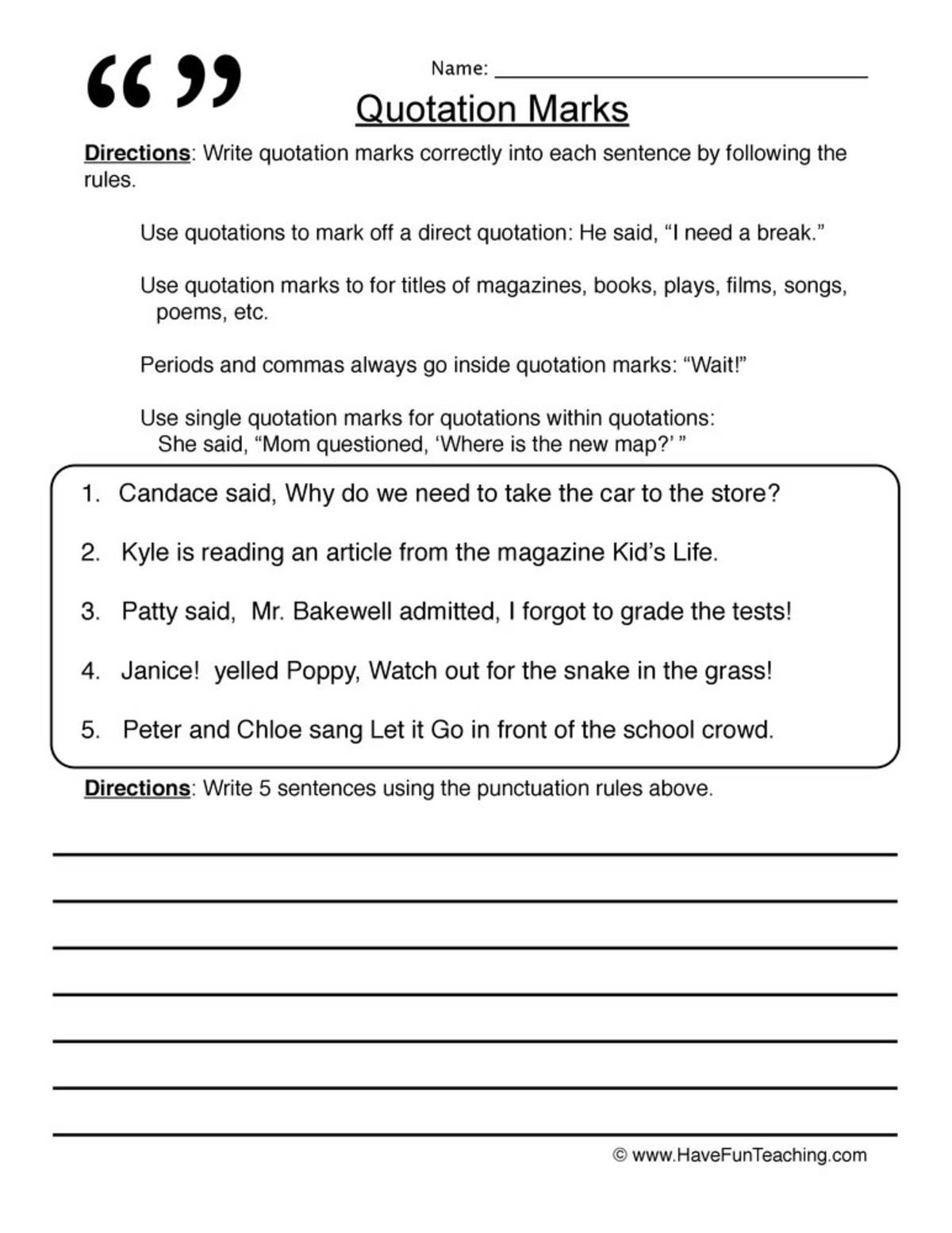An educational teaching resource from Have Fun Teaching entitled Quotation Marks Punctuation Worksheet downloadable at Teach Simple.
