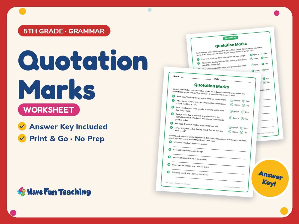 Quotation Marks Worksheet – 5th Grade Punctuation Practice preview