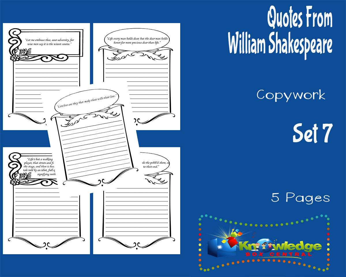 An educational teaching resource from Knowledge Box Central entitled Quotes From William Shakespeare Copywork : Set 7 downloadable at Teach Simple.