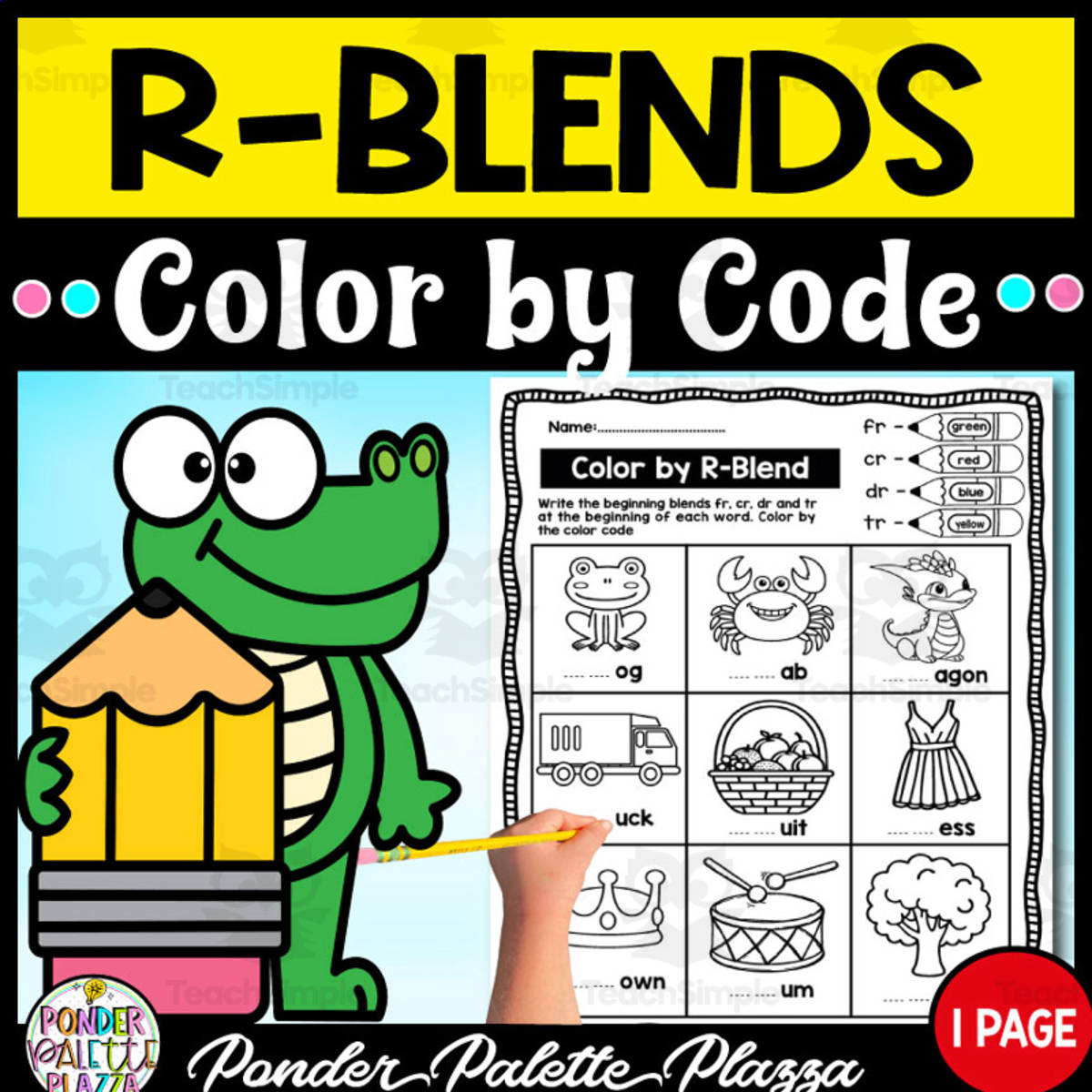 An educational teaching resource from Ponder Palette Plazza entitled R-Blends Activity - Color by Code downloadable at Teach Simple.