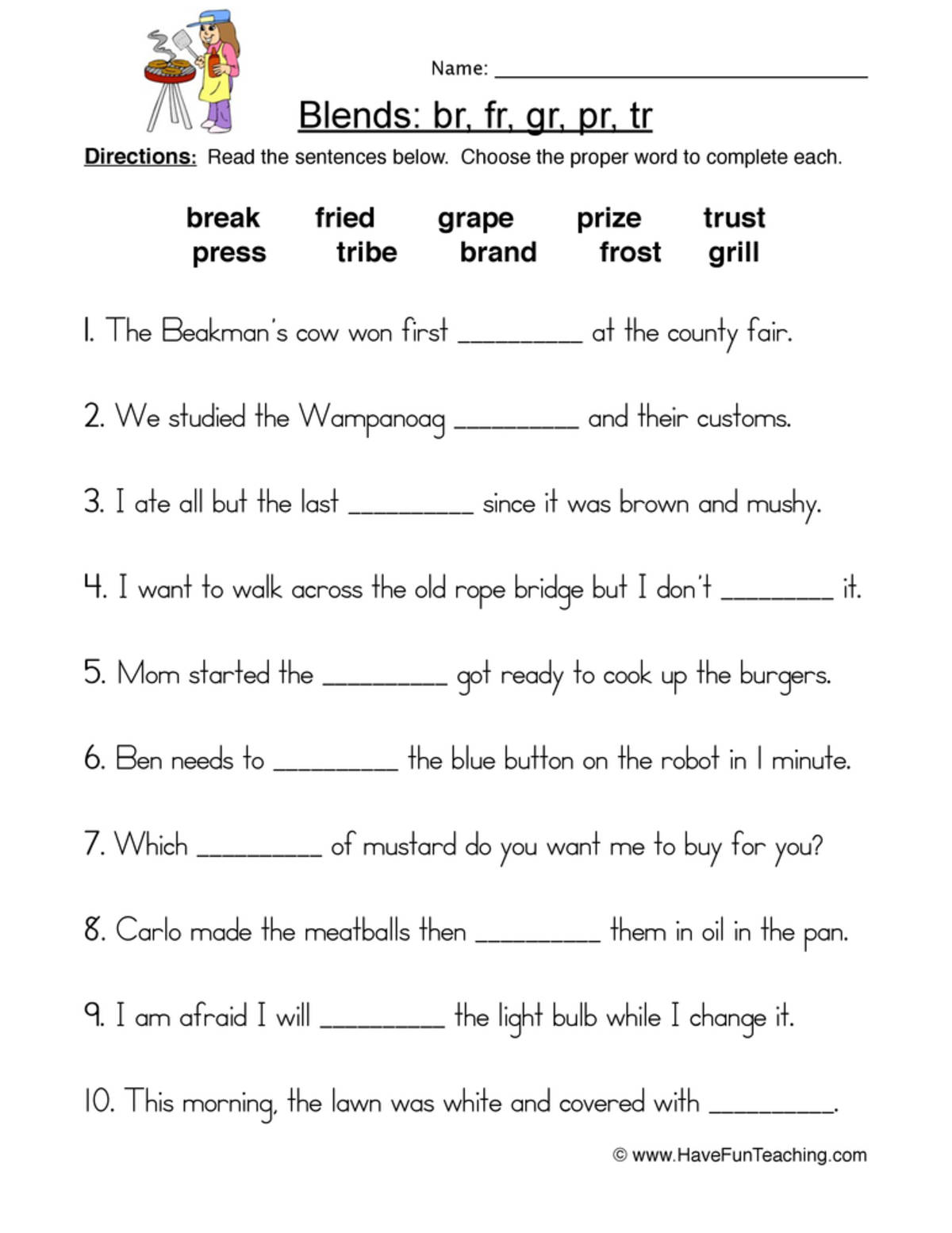 An educational teaching resource from Have Fun Teaching entitled R Blends Fill in the Blanks Worksheet downloadable at Teach Simple.