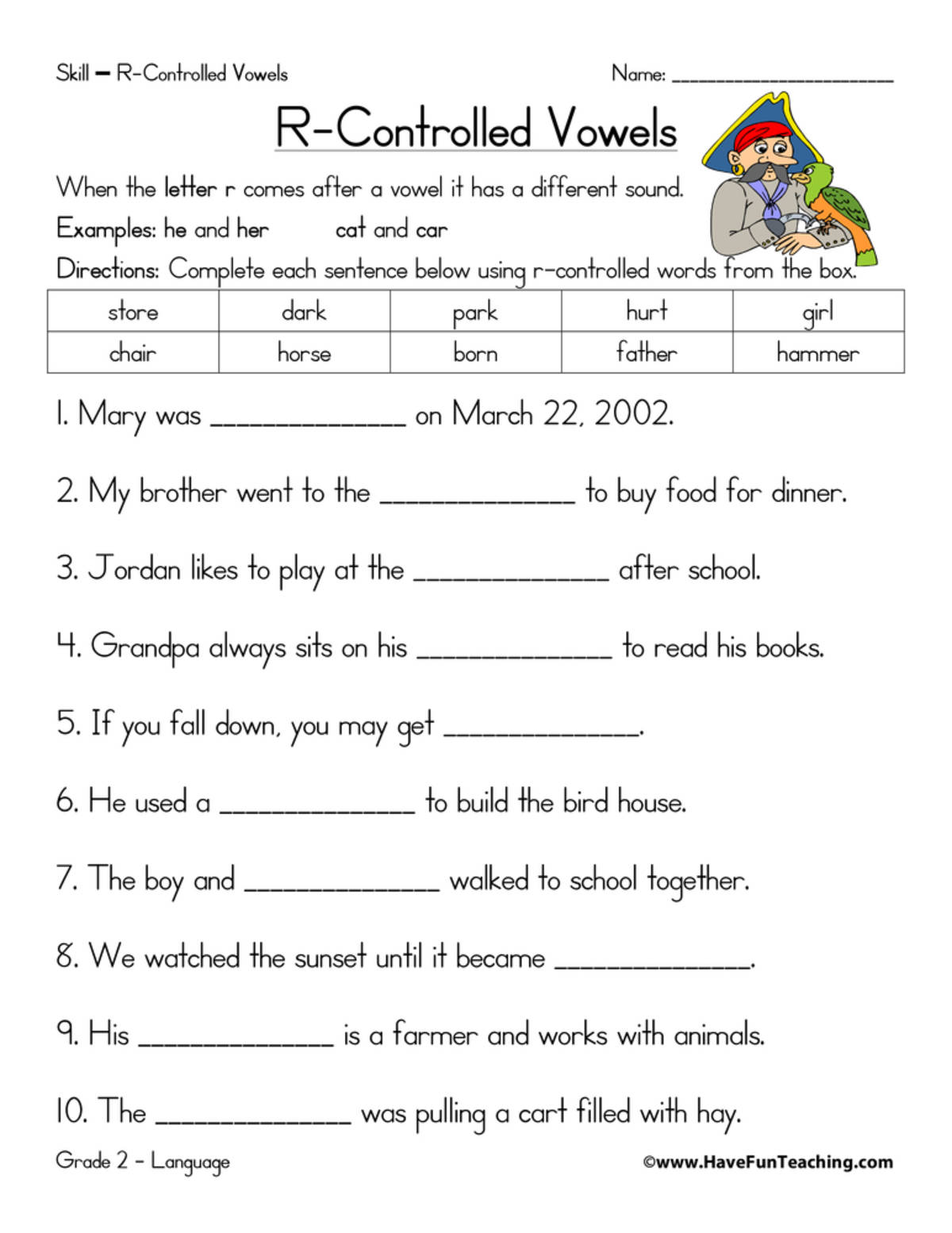 An educational teaching resource from Have Fun Teaching entitled R-Controlled Vowels Fill in the Blanks Worksheet downloadable at Teach Simple.