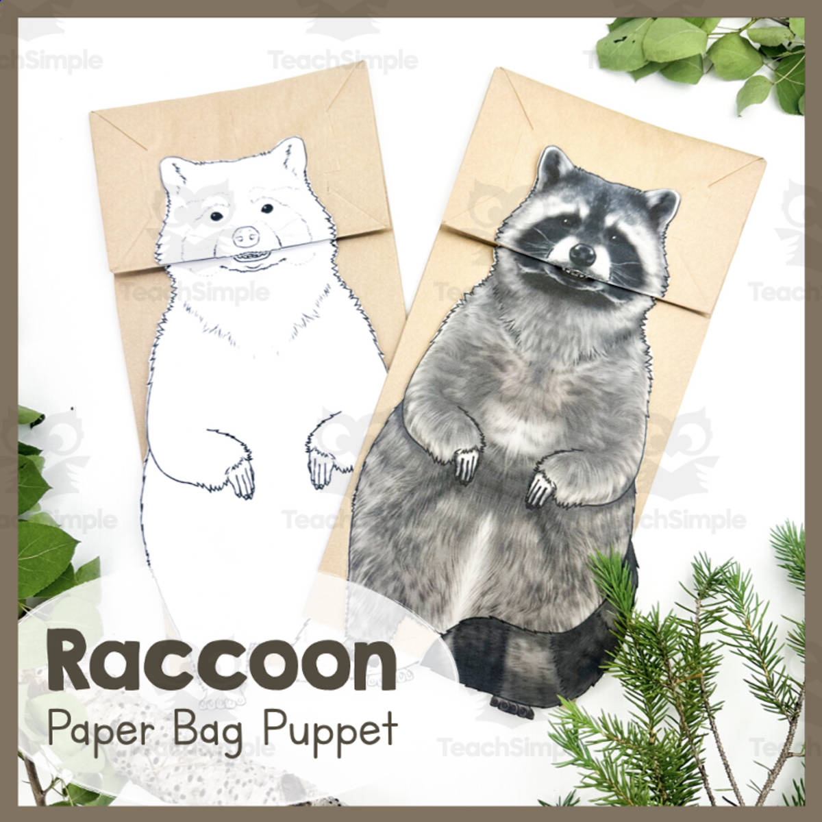 An educational teaching resource from Simply Schoolgirl entitled Raccoon | Paper Bag Puppet | Printable Craft downloadable at Teach Simple.