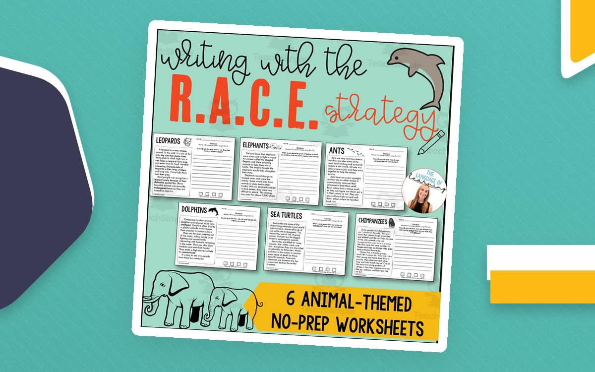 An educational teaching resource from The Language of Learning entitled R.A.C.E. Strategy Practice: Animals Worksheets downloadable at Teach Simple.