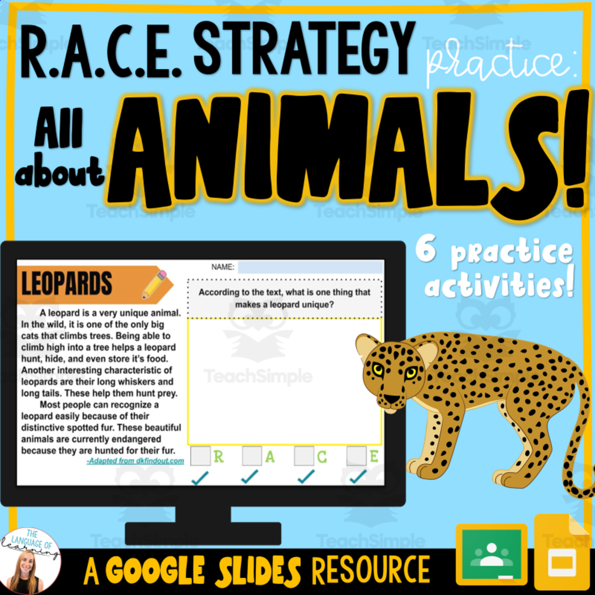An educational teaching resource from The Language of Learning entitled R.A.C.E. Strategy Practice: Animals downloadable at Teach Simple.