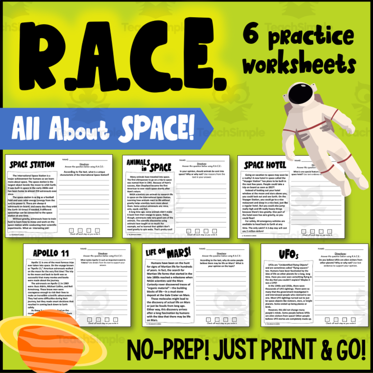 An educational teaching resource from The Language of Learning entitled R.A.C.E. Strategy Practice: Space Worksheets downloadable at Teach Simple.