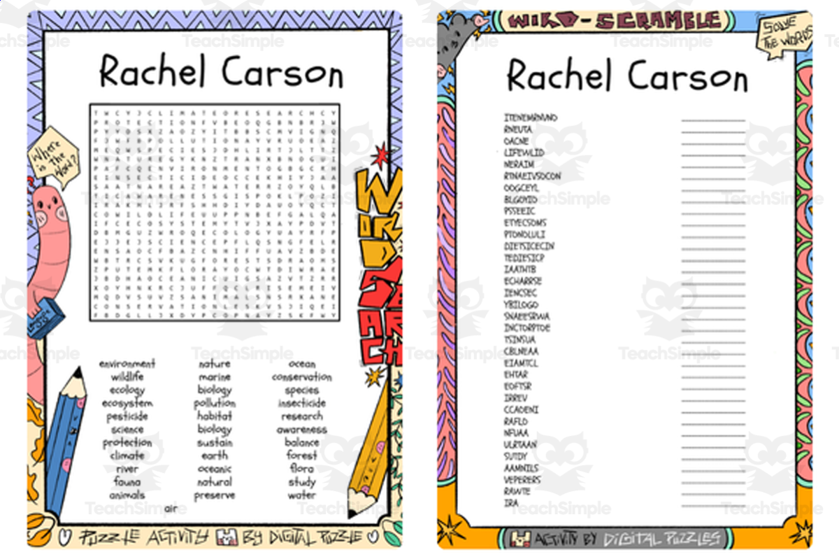 An educational teaching resource from Lapiiin Art Activities entitled Rachel Carson word search & scramble downloadable at Teach Simple.