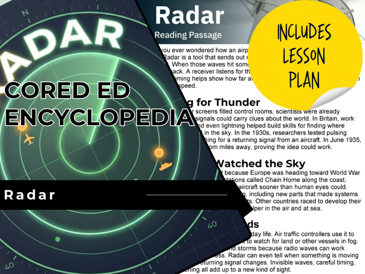 An educational teaching resource from Cored Education entitled Radar Reading Comprehension Passage - Cored Ed Encyclopedia downloadable at Teach Simple.