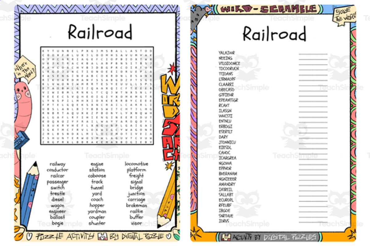 An educational teaching resource from Lapiiin Art Activities entitled Railroad word search & scramble downloadable at Teach Simple.