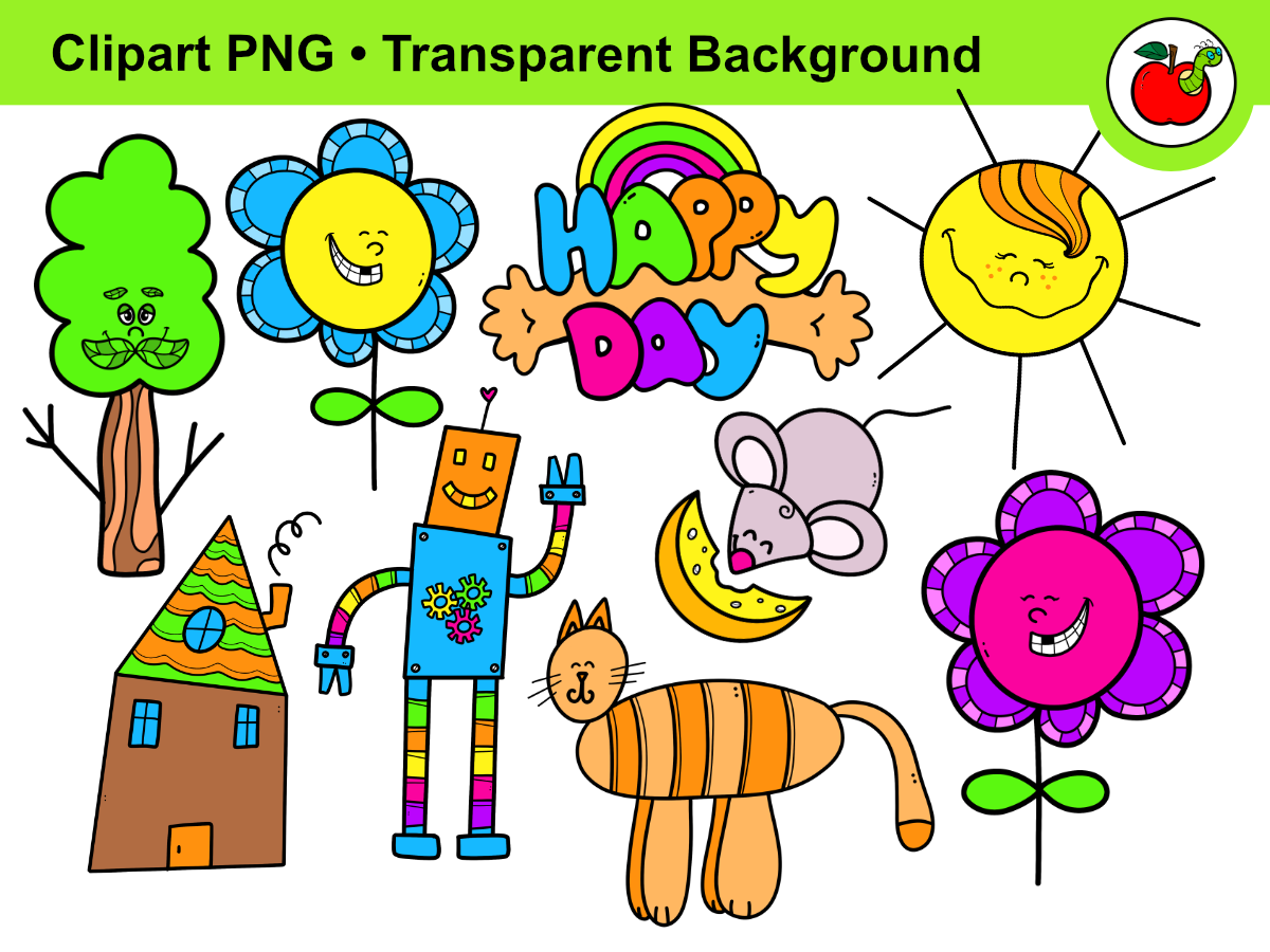 An educational teaching resource from Clipartino entitled Rainbow Clipart–Happy Day Clipart, Kids Clipart, Doodle Summer Clipart downloadable at Teach Simple.
