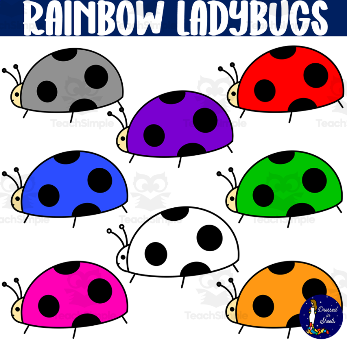 An educational teaching resource from Soumara Siddiqui entitled Rainbow Ladybugs Clip Art – 9 Bright Colors downloadable at Teach Simple.