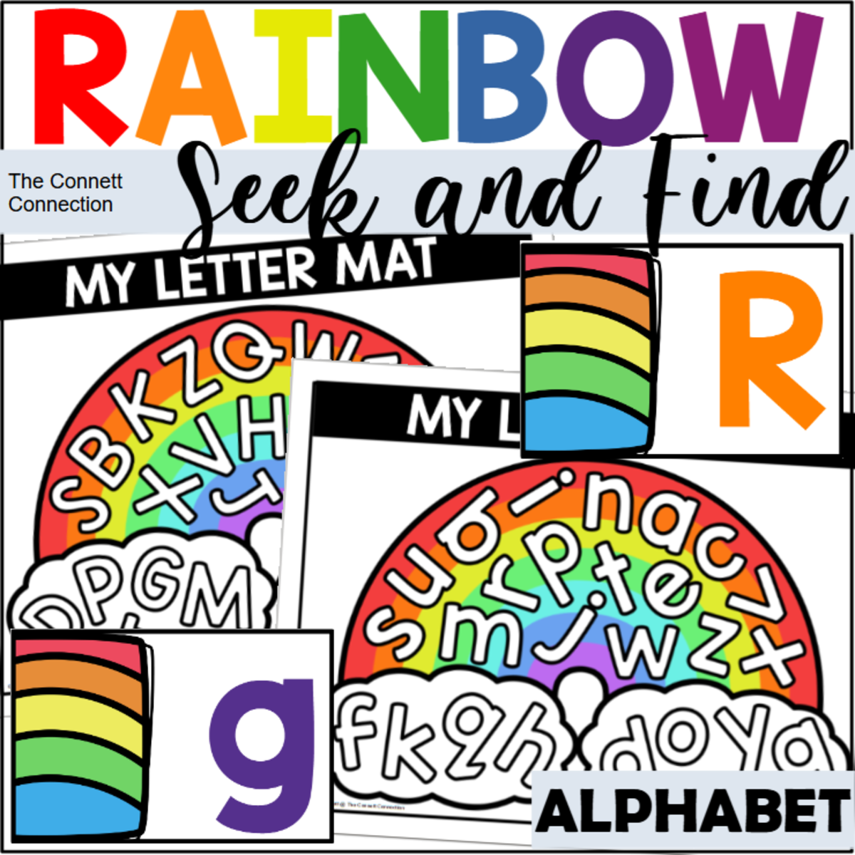 An educational teaching resource from The Connett Connection entitled Rainbow Letter Recognition Seek and Find Mats downloadable at Teach Simple.