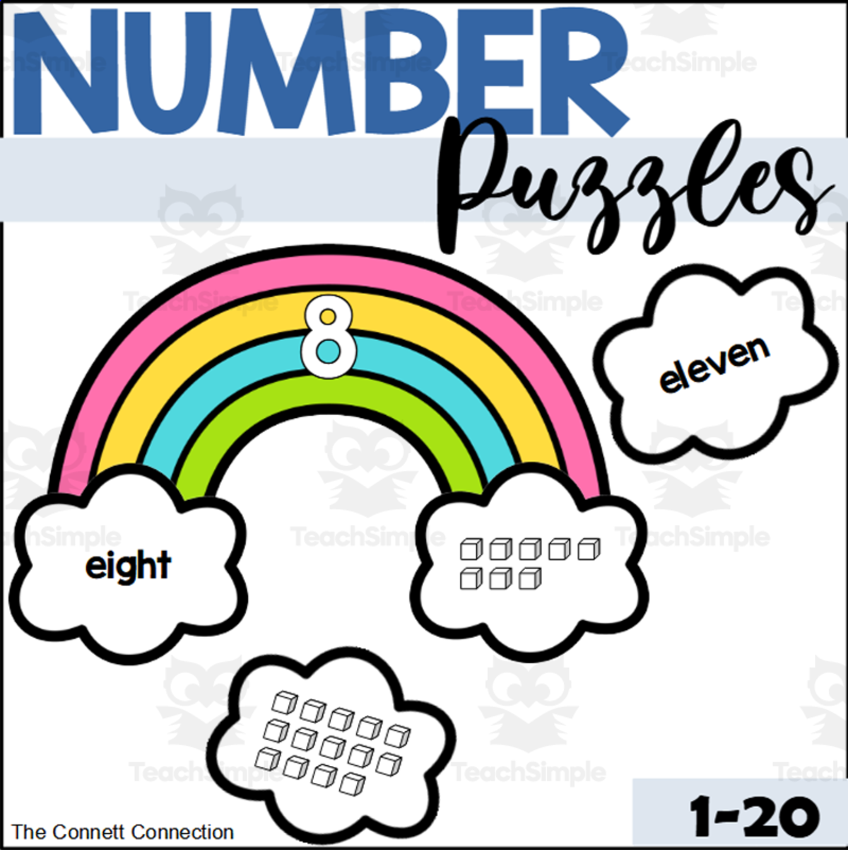 An educational teaching resource from The Connett Connection entitled Rainbow Number Puzzles 1-20 downloadable at Teach Simple.