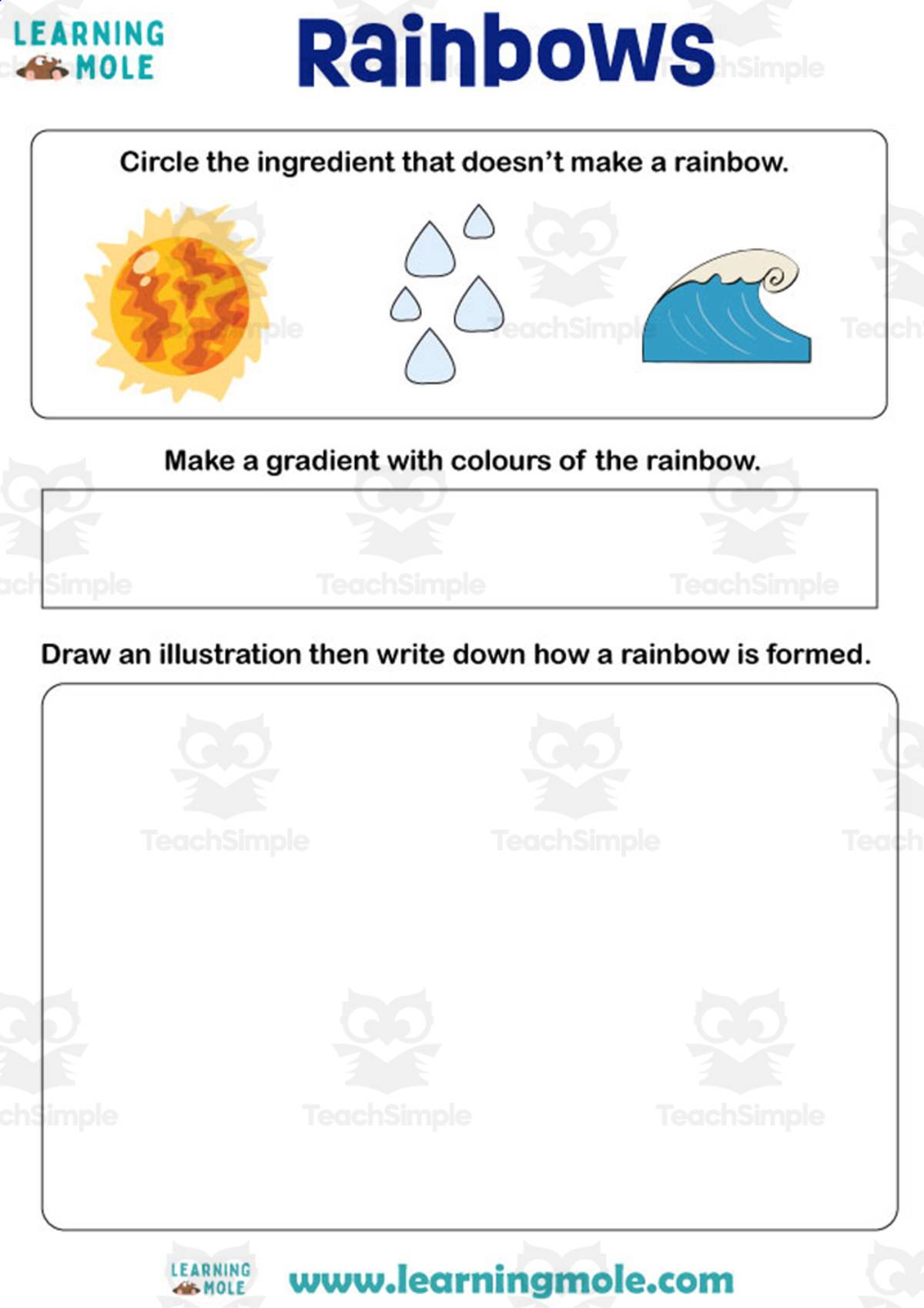 An educational teaching resource from Educational Voice entitled Rainbows Activity downloadable at Teach Simple.