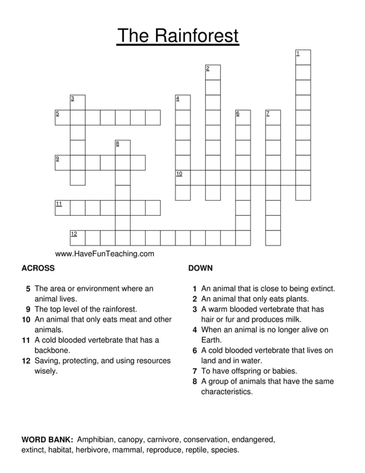 An educational teaching resource from Have Fun Teaching entitled Rainforest Crossword Puzzle downloadable at Teach Simple.