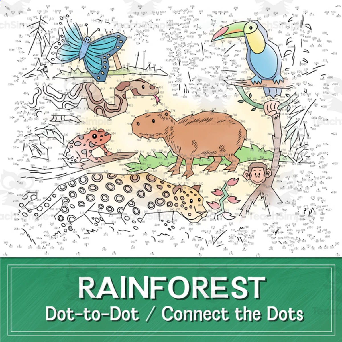 An educational teaching resource from Tim's Printables entitled Rainforest Dot-to-Dot / Connect the Dots PDF downloadable at Teach Simple.