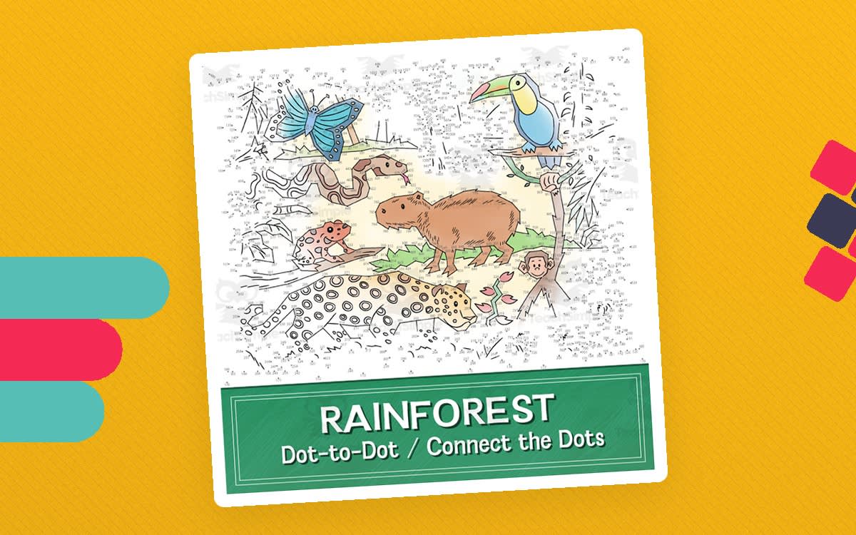 An educational teaching resource from Tim's Printables entitled Rainforest Dot-to-Dot / Connect the Dots PDF downloadable at Teach Simple.