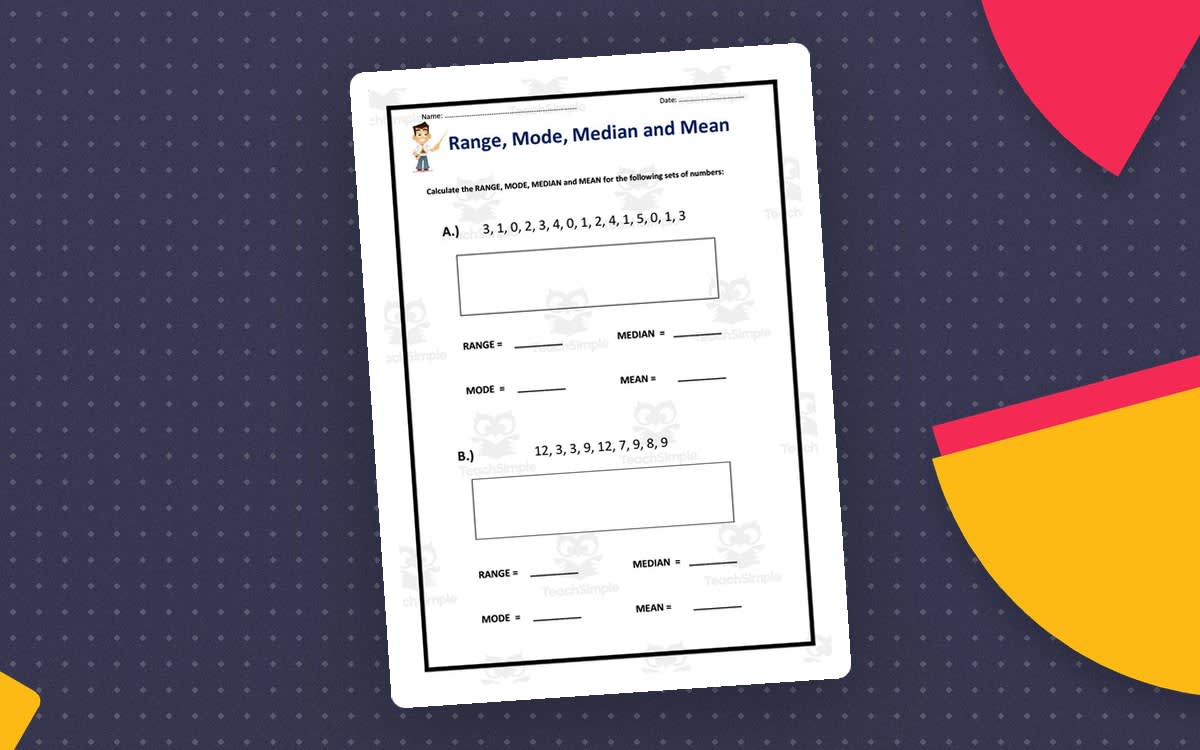 An educational teaching resource from Elementary Resources 4 U entitled Range, Mode, Median, and Mean Worksheet Set downloadable at Teach Simple.