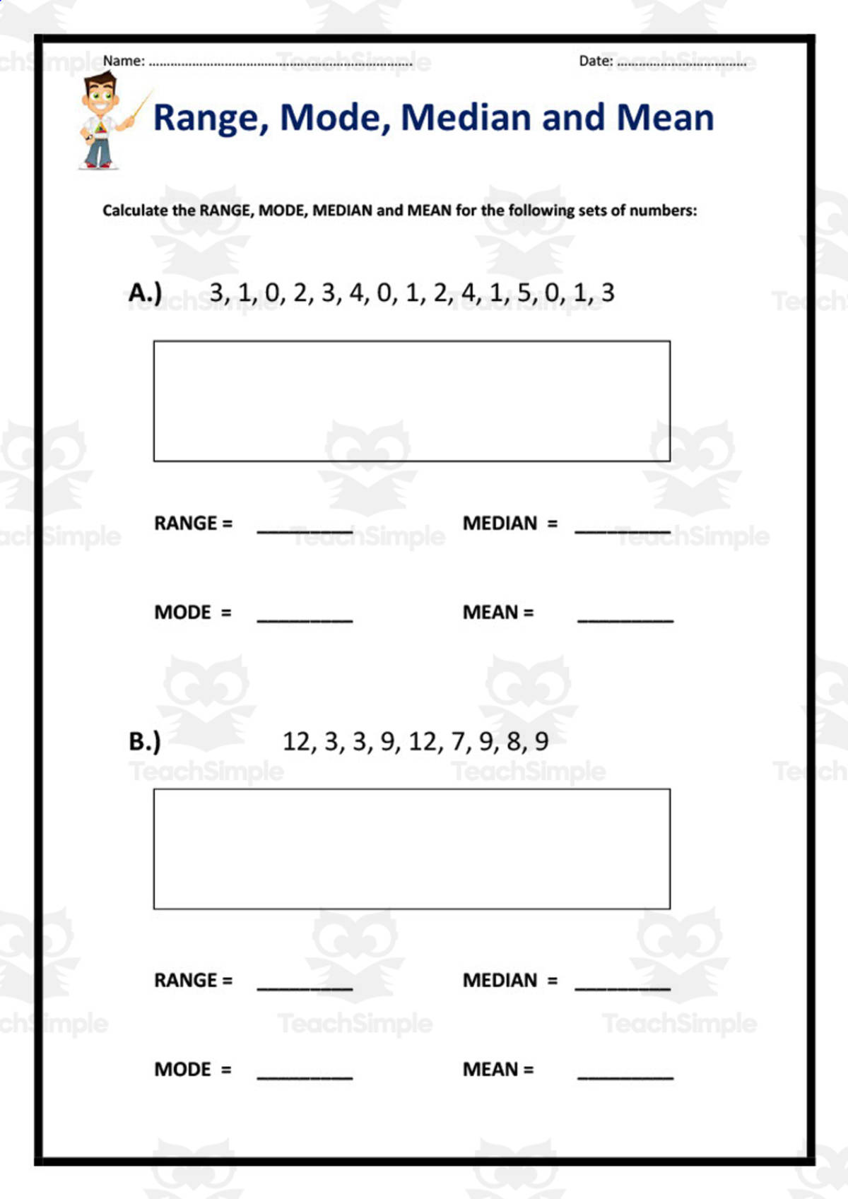 An educational teaching resource from Elementary Resources 4 U entitled Range, Mode, Median, and Mean Worksheet Set downloadable at Teach Simple.
