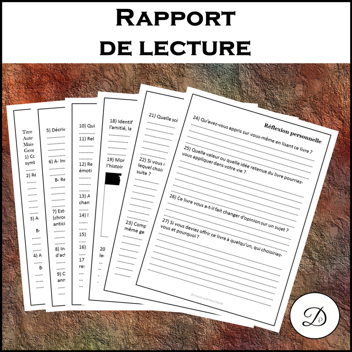 An educational teaching resource from French with Paul David entitled Rapport de lecture / French Book Report downloadable at Teach Simple.