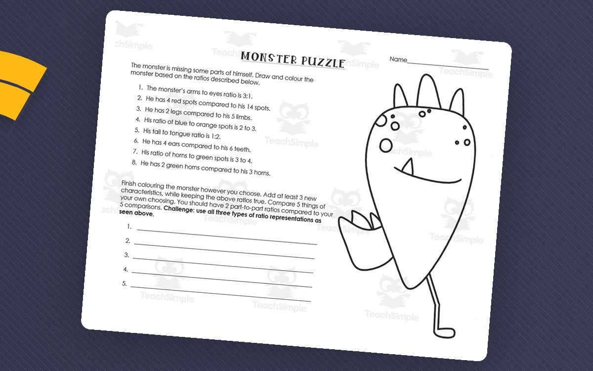 An educational teaching resource from Resource Garden entitled Ratio Monster Puzzle downloadable at Teach Simple.