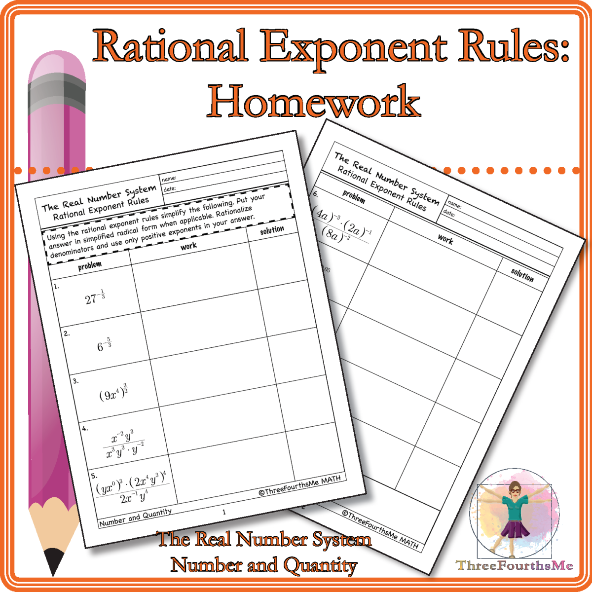 An educational teaching resource from ThreeFourthsMe entitled Rational Exponent Rules: Homework downloadable at Teach Simple.