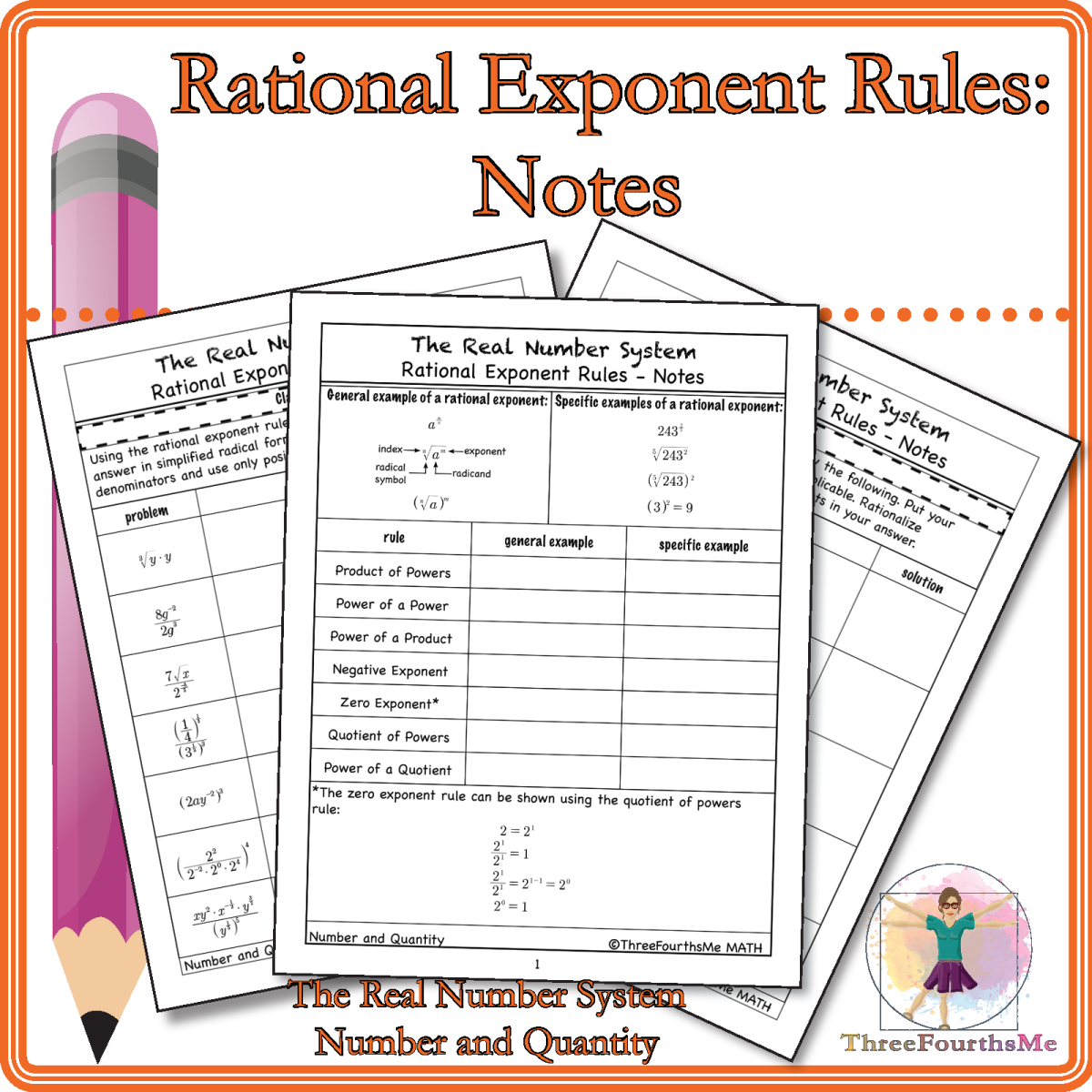 An educational teaching resource from ThreeFourthsMe entitled Rational Exponent Rules: Notes downloadable at Teach Simple.