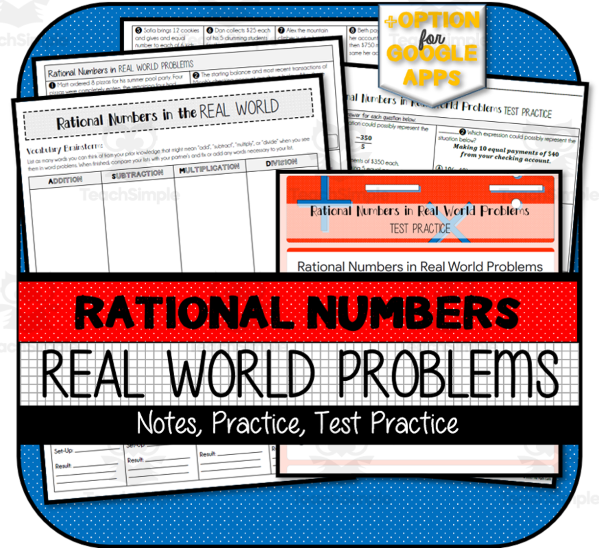 An educational teaching resource from The Math Cafe entitled Rational Numbers in Real World Problems NOTES & PRACTICE downloadable at Teach Simple.