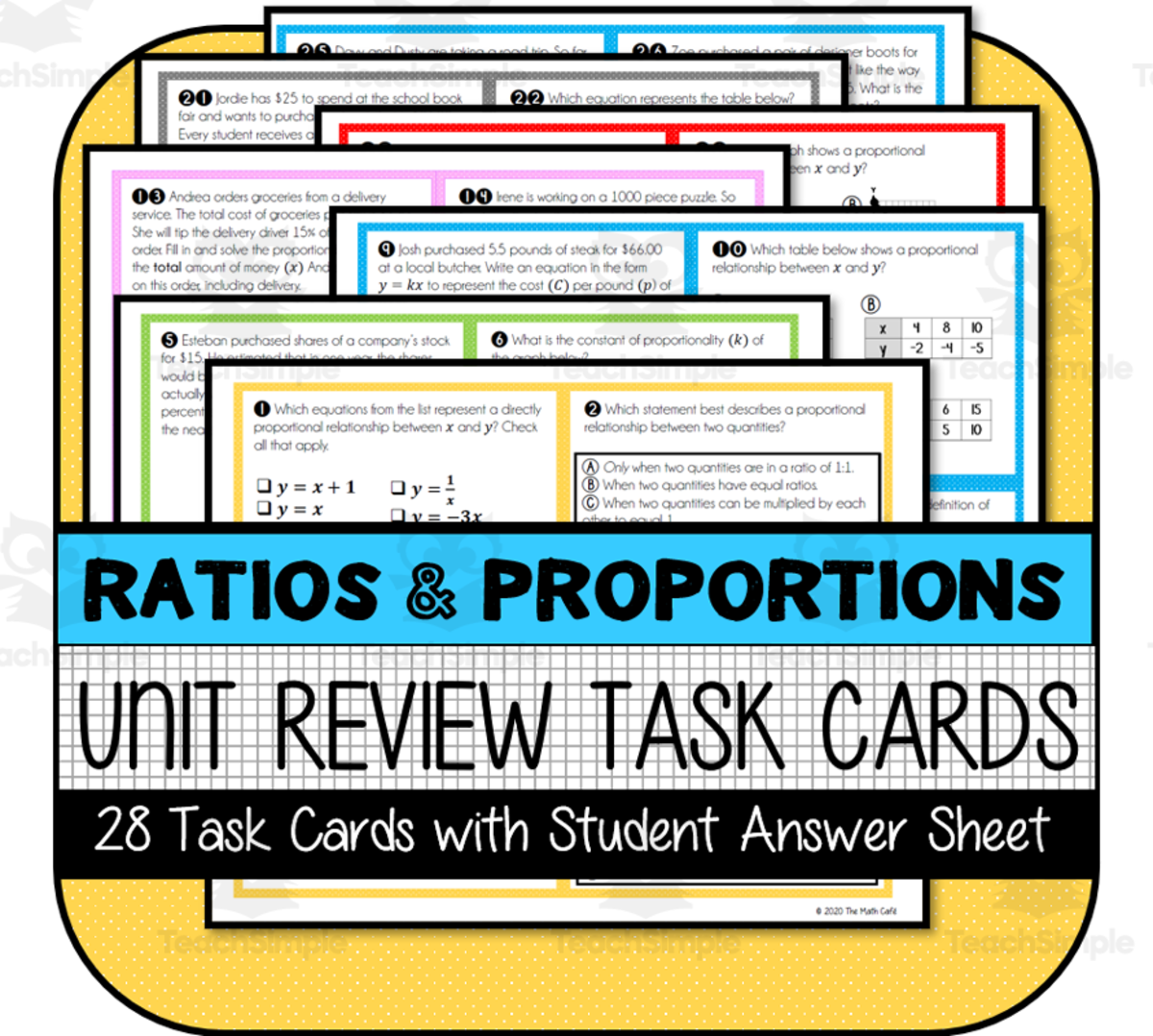 An educational teaching resource from The Math Cafe entitled Ratios & Proportional Relationships UNIT REVIEW TASK CARDS downloadable at Teach Simple.