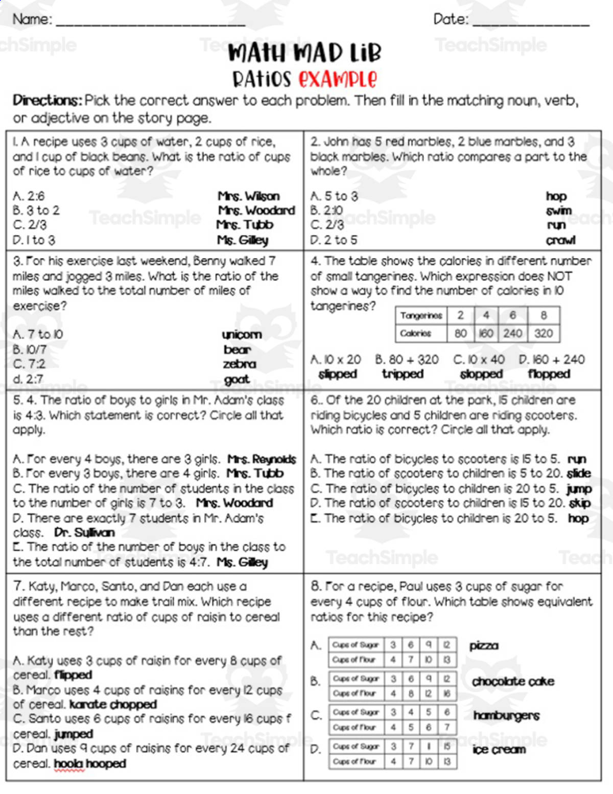 An educational teaching resource from Teaching on the Island entitled Ratios Math Mad Lib Activity downloadable at Teach Simple.
