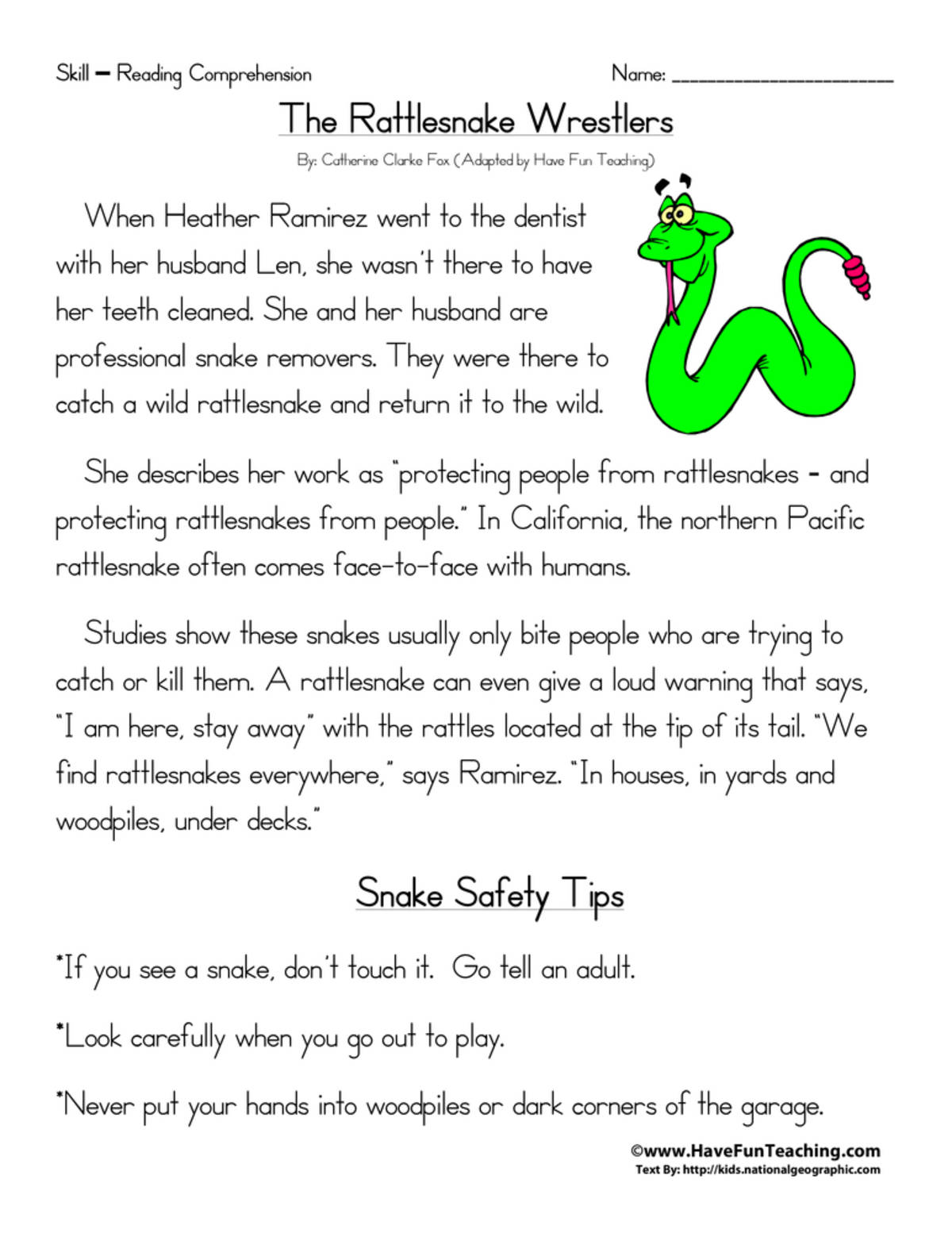 An educational teaching resource from Have Fun Teaching entitled Rattlesnake Wrestlers Reading Comprehension Worksheet downloadable at Teach Simple.