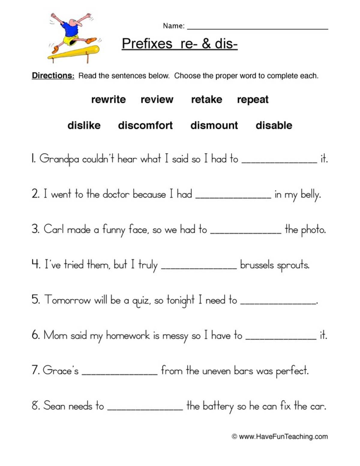 An educational teaching resource from Have Fun Teaching entitled Re- and Dis- Prefixes Worksheet downloadable at Teach Simple.