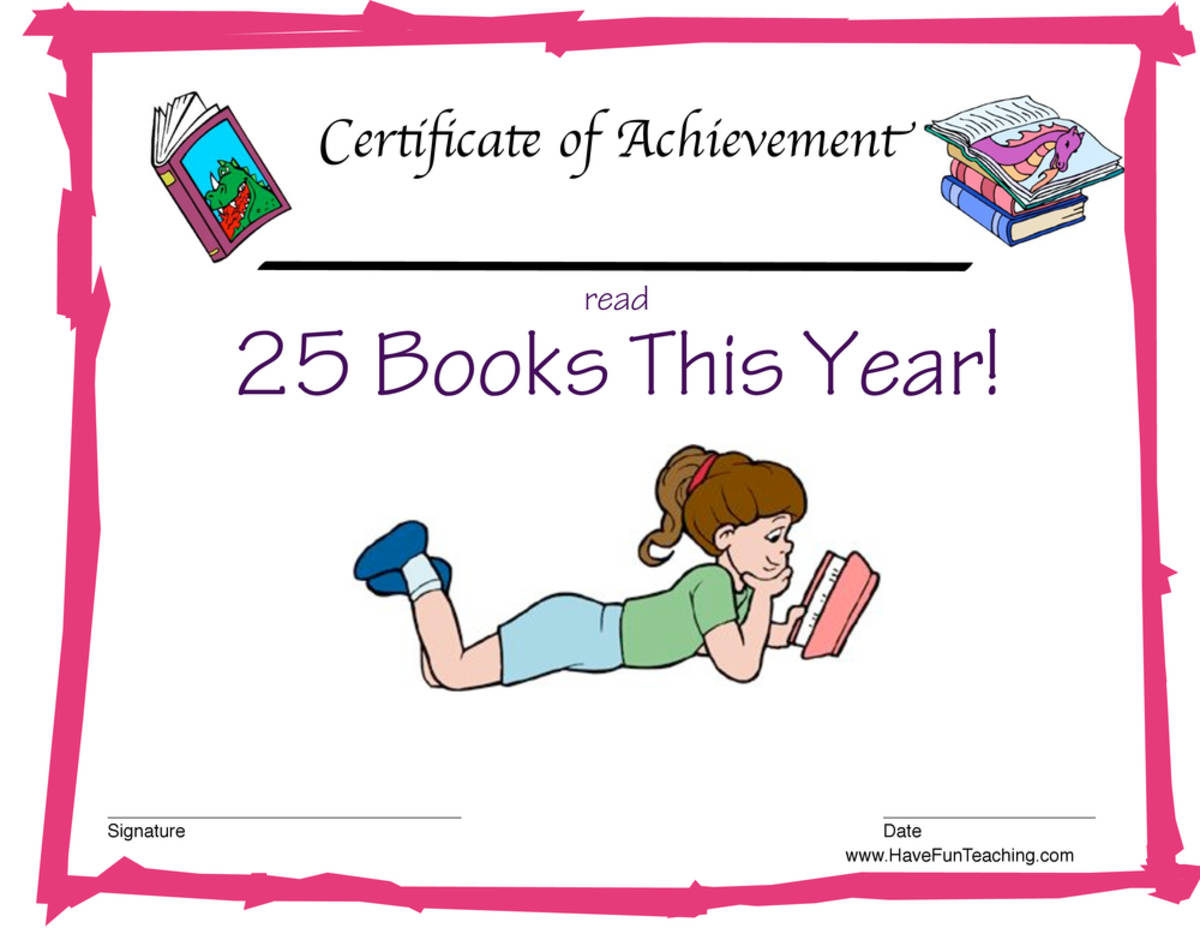 An educational teaching resource from Have Fun Teaching entitled Read 25 Books Reward Certificate for Girls downloadable at Teach Simple.