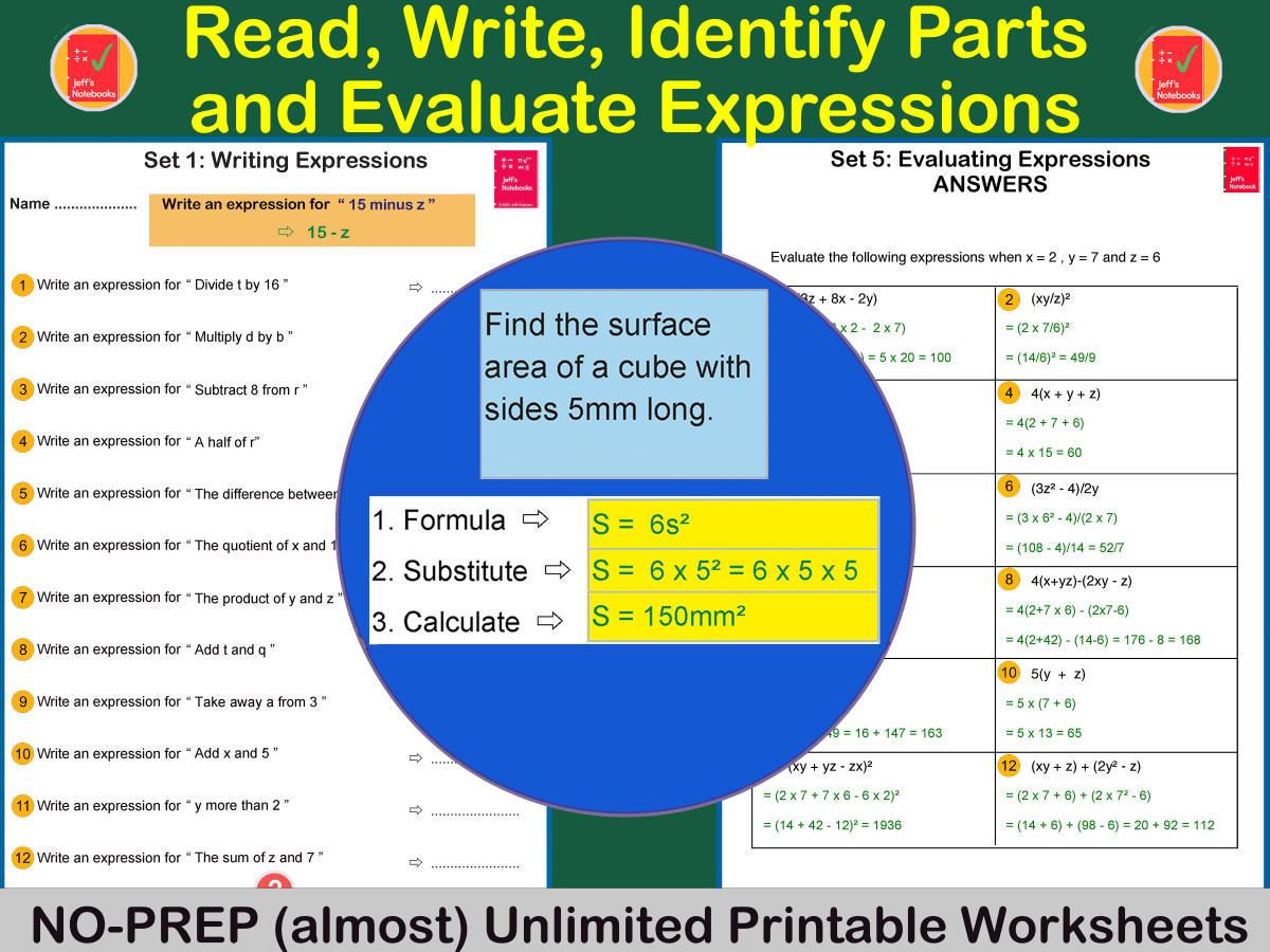 An educational teaching resource from Jeff's Notebooks entitled Read, Write, Identify Parts and Evaluate Expressions downloadable at Teach Simple.