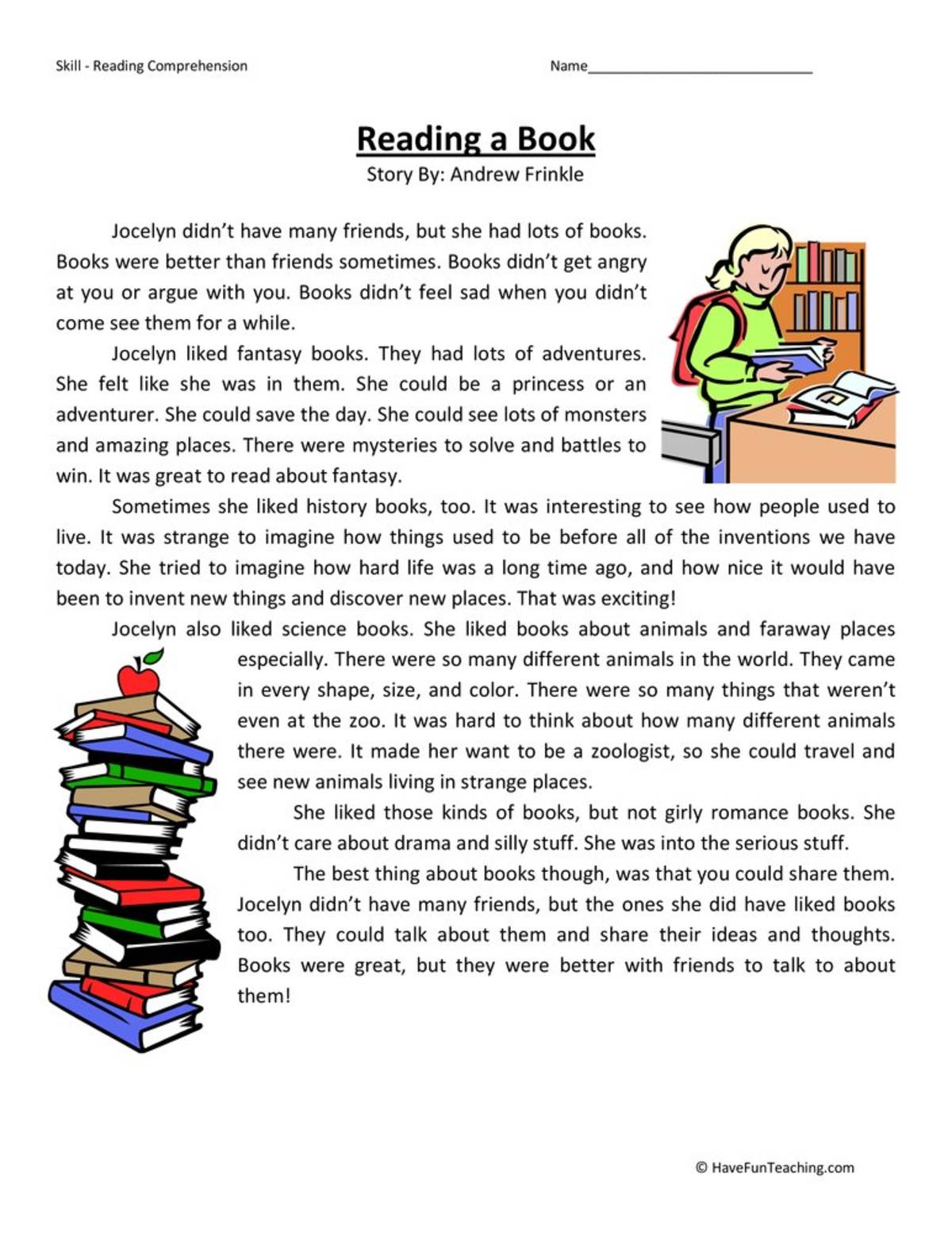 An educational teaching resource from Have Fun Teaching entitled Reading a Book Reading Comprehension Worksheet downloadable at Teach Simple.