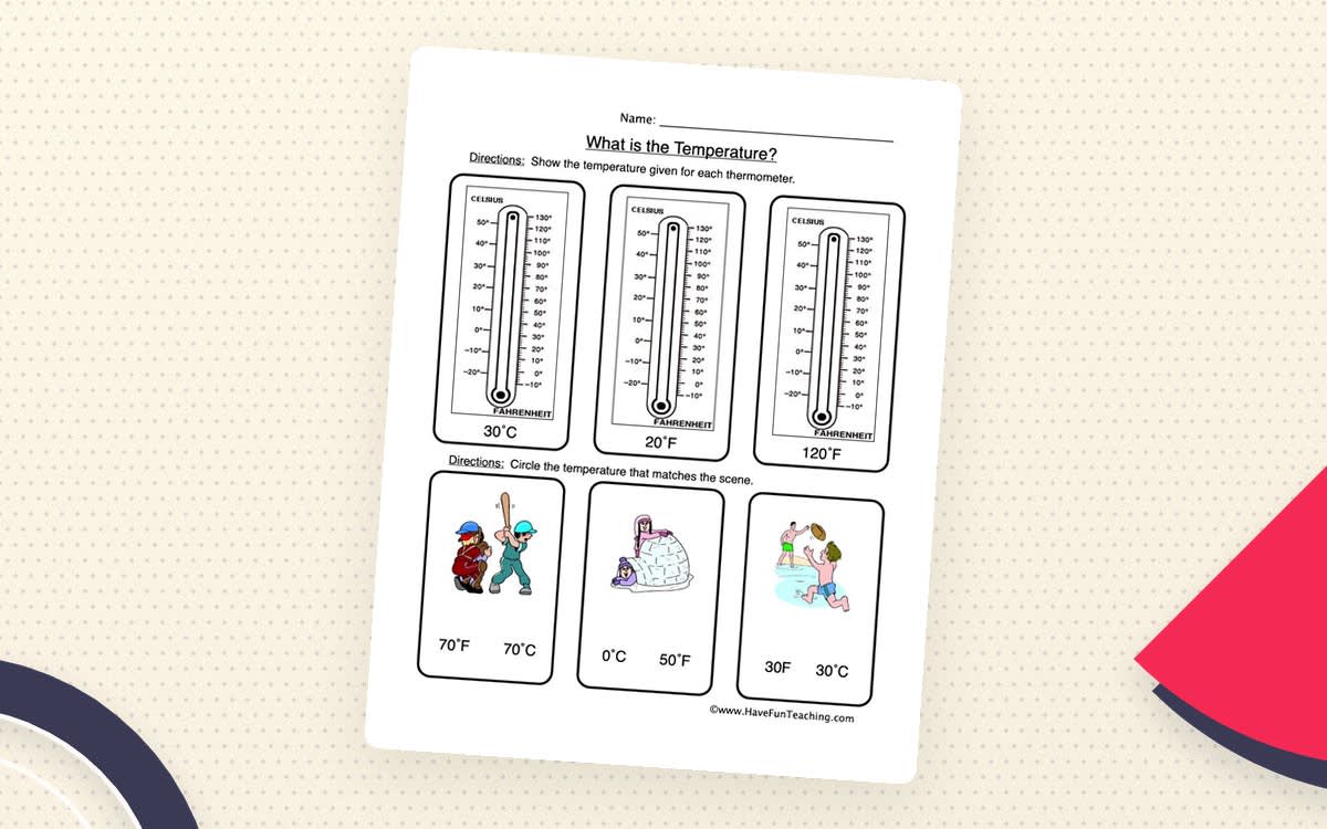 An educational teaching resource from Have Fun Teaching entitled Reading a Thermometer Worksheet downloadable at Teach Simple.
