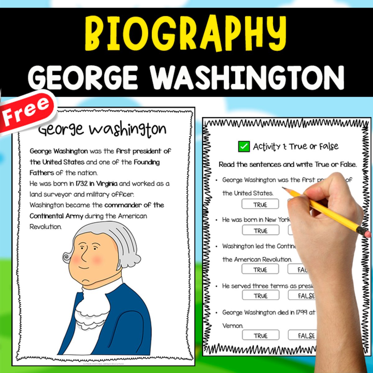 An educational teaching resource from EDITORIAL LAURA EDUCA entitled READING AND COMPREHENSION + 3 QUESTIONS | GEORGE WASHINGTON downloadable at Teach Simple.
