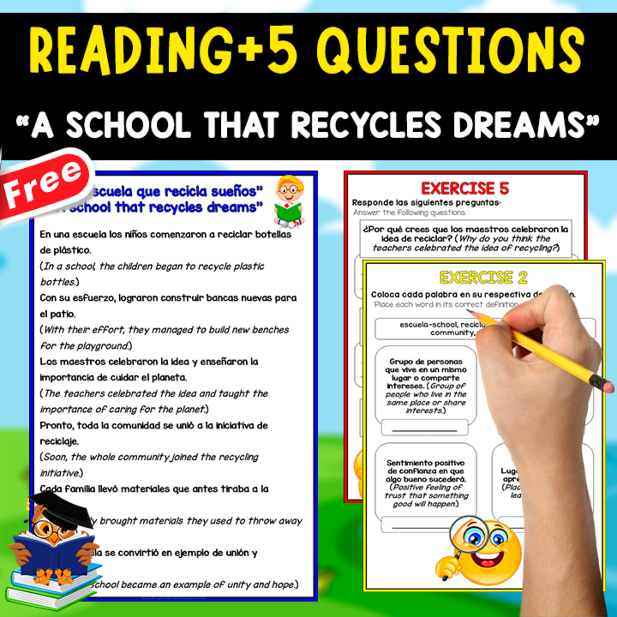 An educational teaching resource from EDITORIAL LAURA EDUCA entitled READING AND COMPREHENSION ENG-SPA | "A school that recycles dreams" downloadable at Teach Simple.