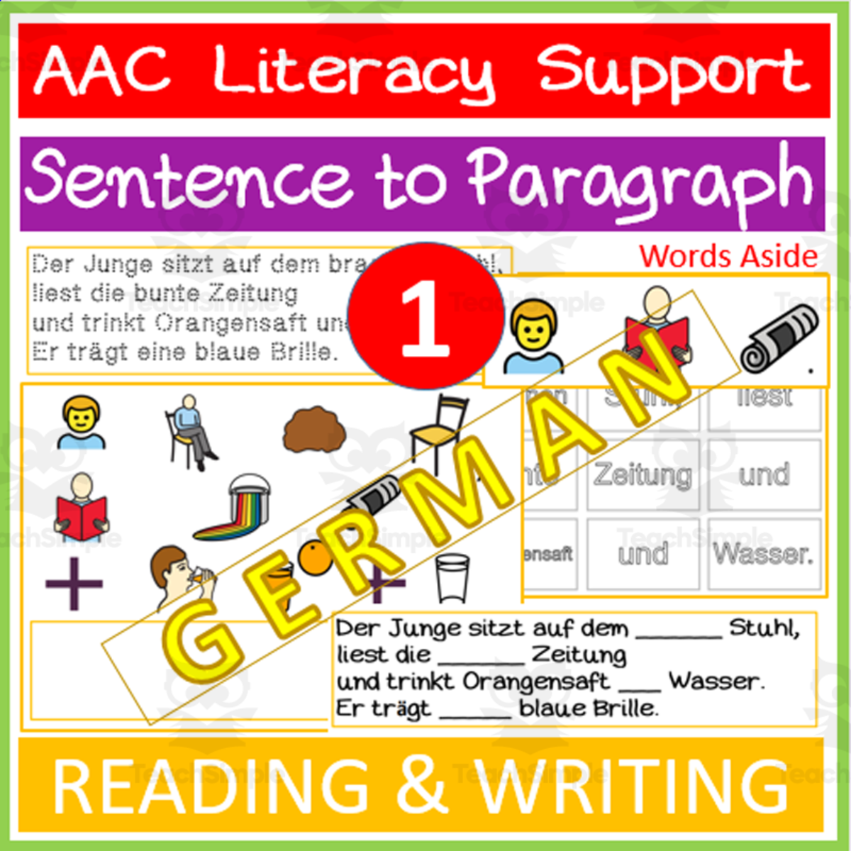 An educational teaching resource from WORDS ASIDE entitled READING and WRITING |1|: Sentence to Paragraph GERMAN AAC downloadable at Teach Simple.