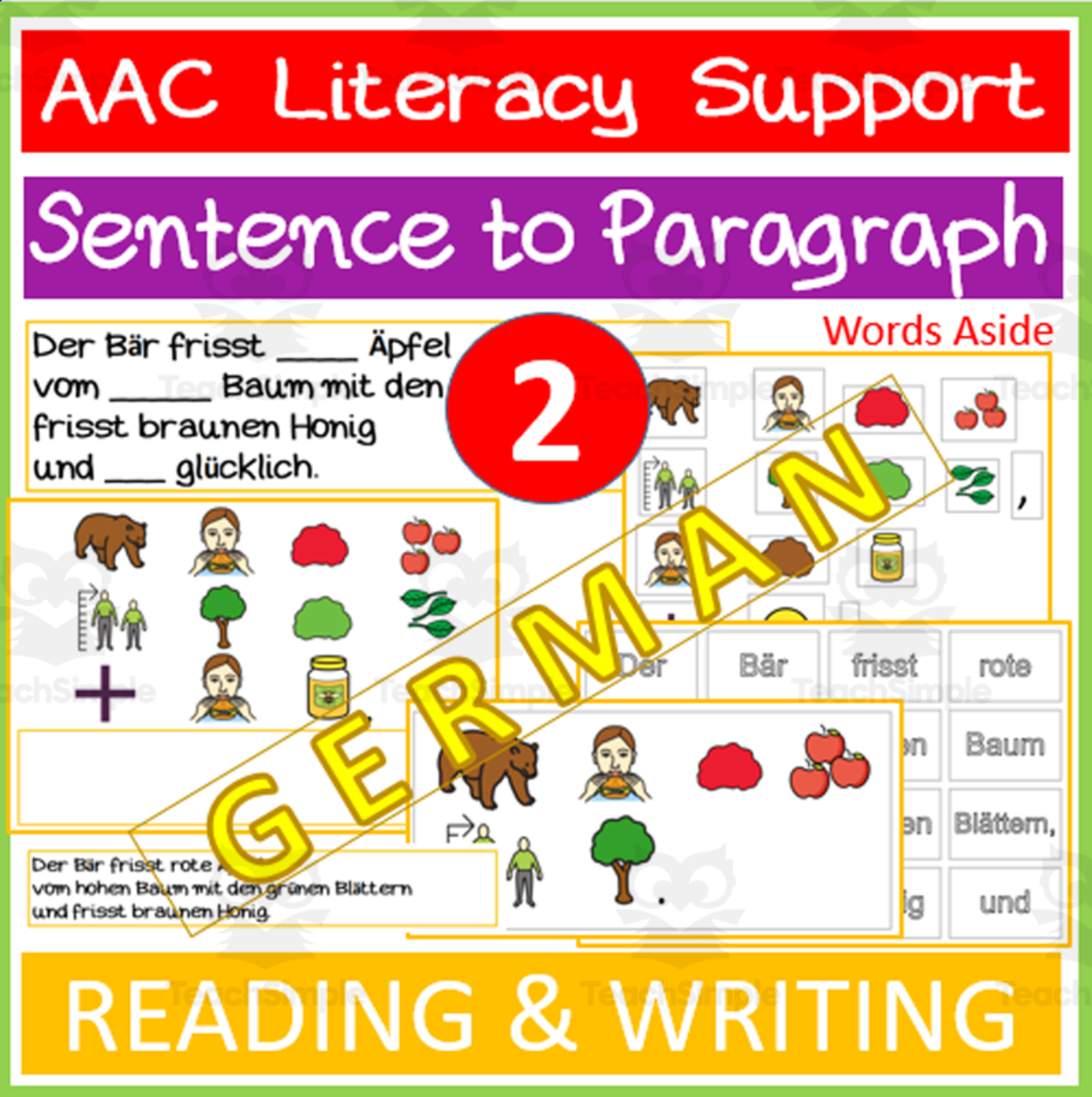 An educational teaching resource from WORDS ASIDE entitled READING and WRITING |2|: Sentence to Paragraph GERMAN AAC downloadable at Teach Simple.