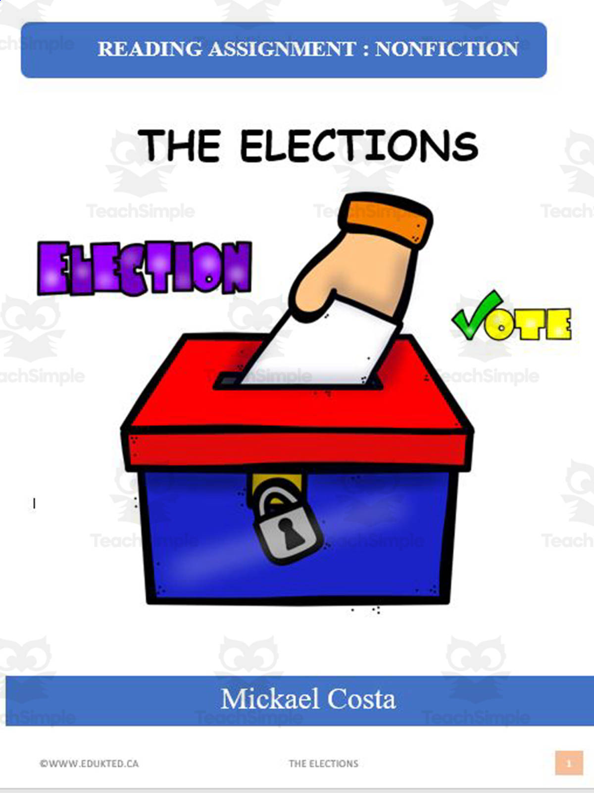 An educational teaching resource from Learn it ANY way entitled Reading assignment: Elections downloadable at Teach Simple.