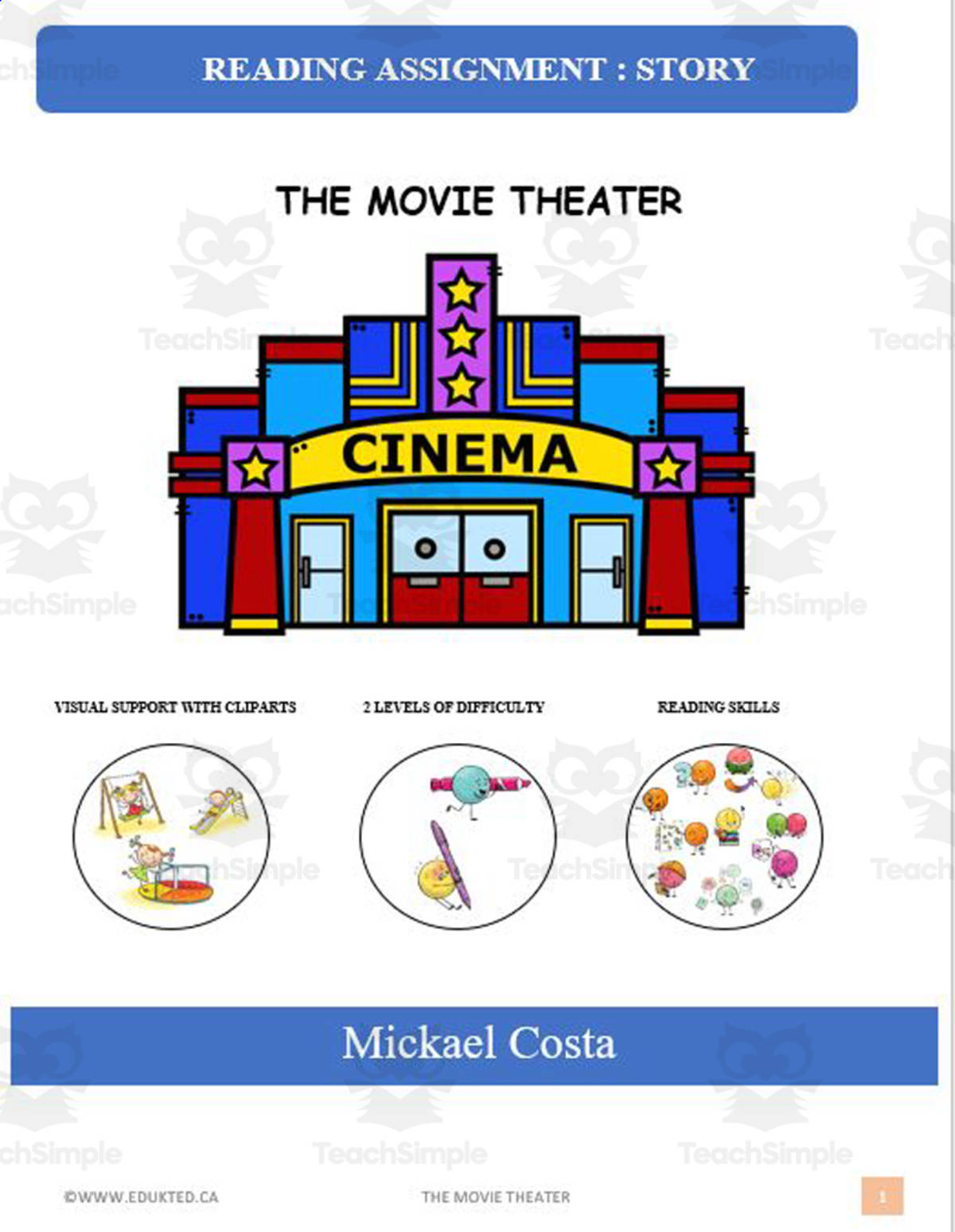 An educational teaching resource from Learn it ANY way entitled Reading assignment: The movie theater downloadable at Teach Simple.
