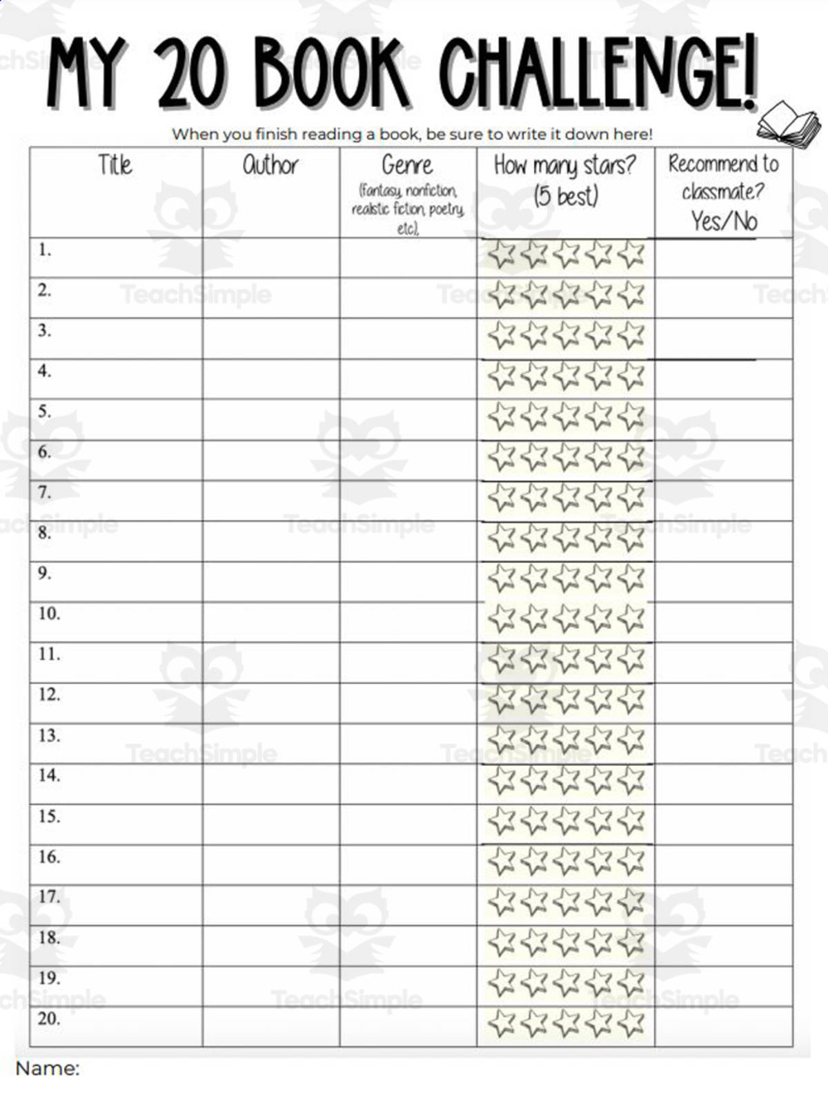 An educational teaching resource from Reading in the Middle Grade entitled Reading: Challenge of 20 Books downloadable at Teach Simple.