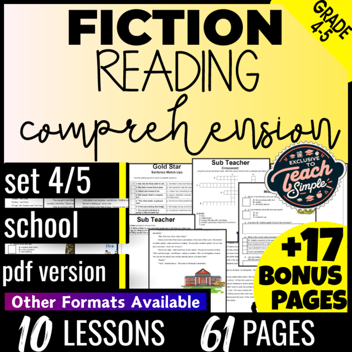 An educational teaching resource from Cored Education entitled Reading Comprehension and Questions Fiction Set 4 - School (PDF) downloadable at Teach Simple.