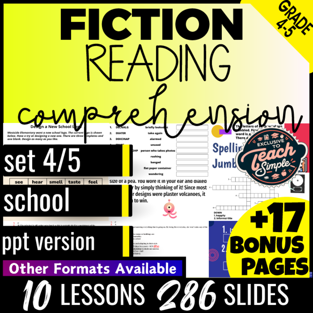 An educational teaching resource from Cored Education entitled Reading Comprehension and Questions Fiction Set 4 - School (PPT) downloadable at Teach Simple.