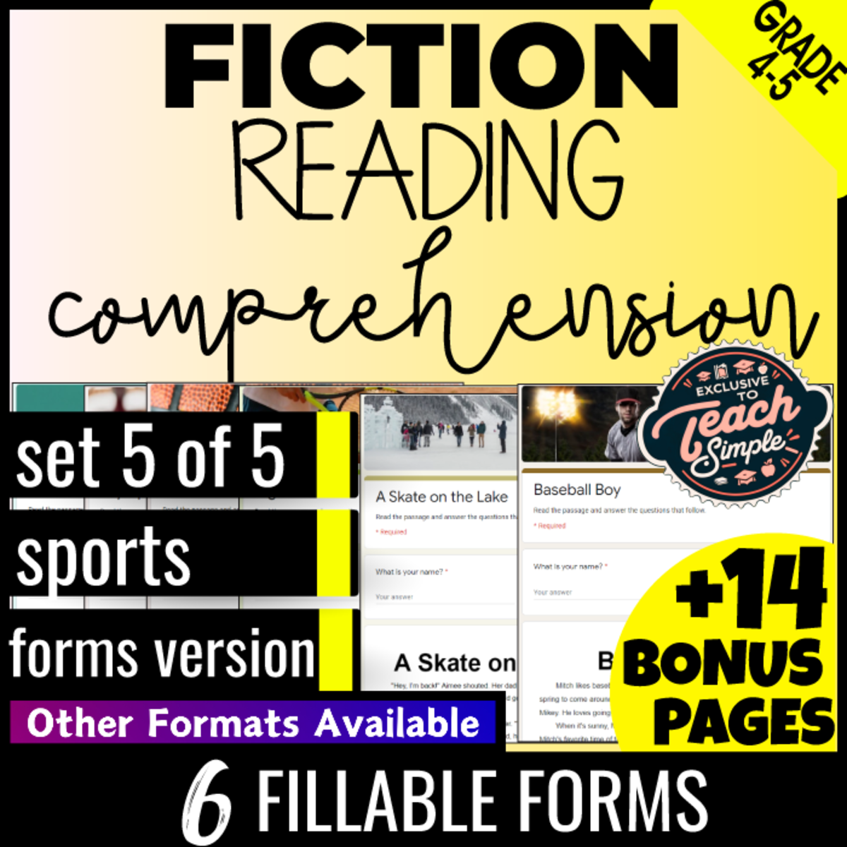 An educational teaching resource from Cored Education entitled Reading Comprehension and Questions Fiction Set 5 - Sports (Forms) downloadable at Teach Simple.