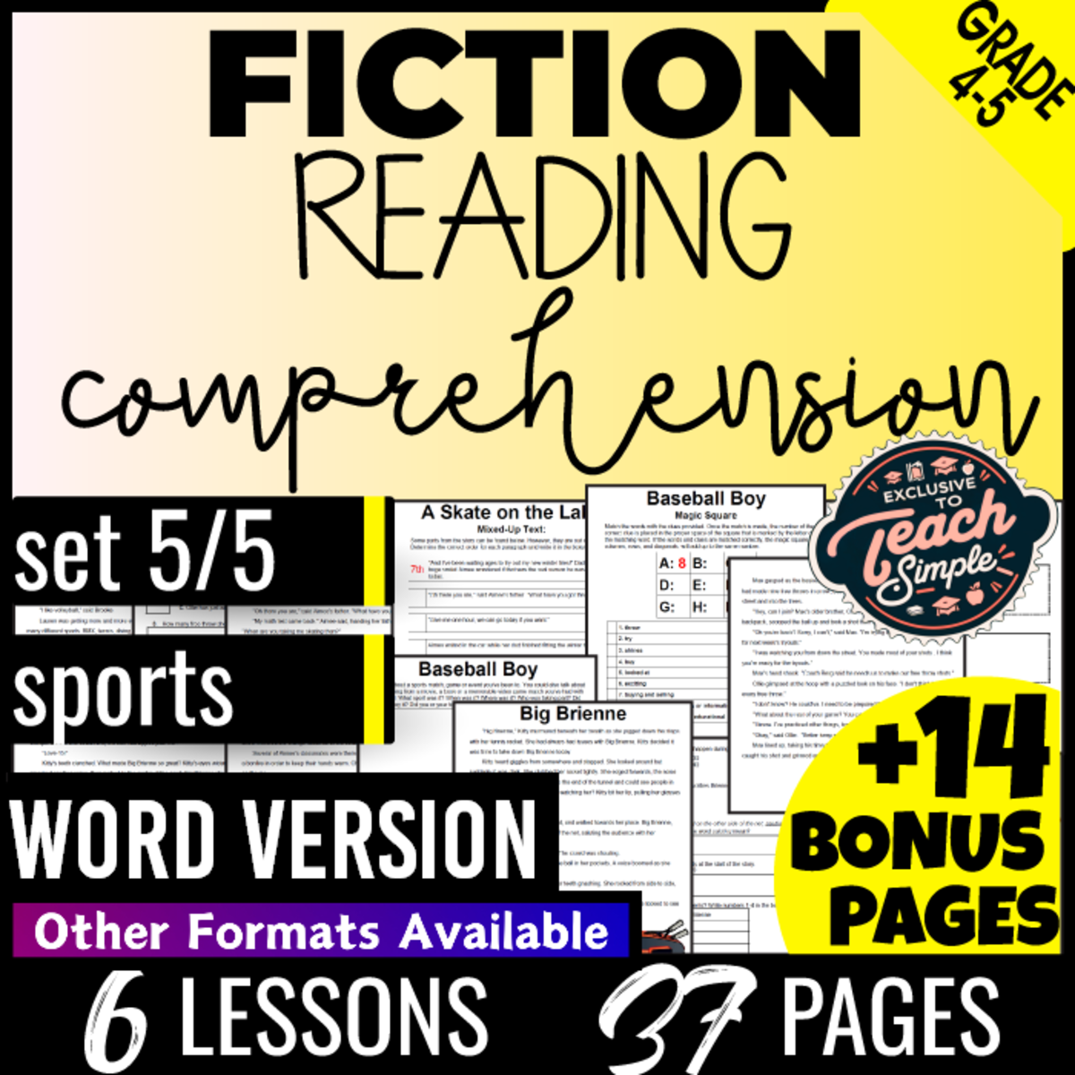 An educational teaching resource from Cored Education entitled Reading Comprehension and Questions Fiction Set 5 - Sports (Word) downloadable at Teach Simple.