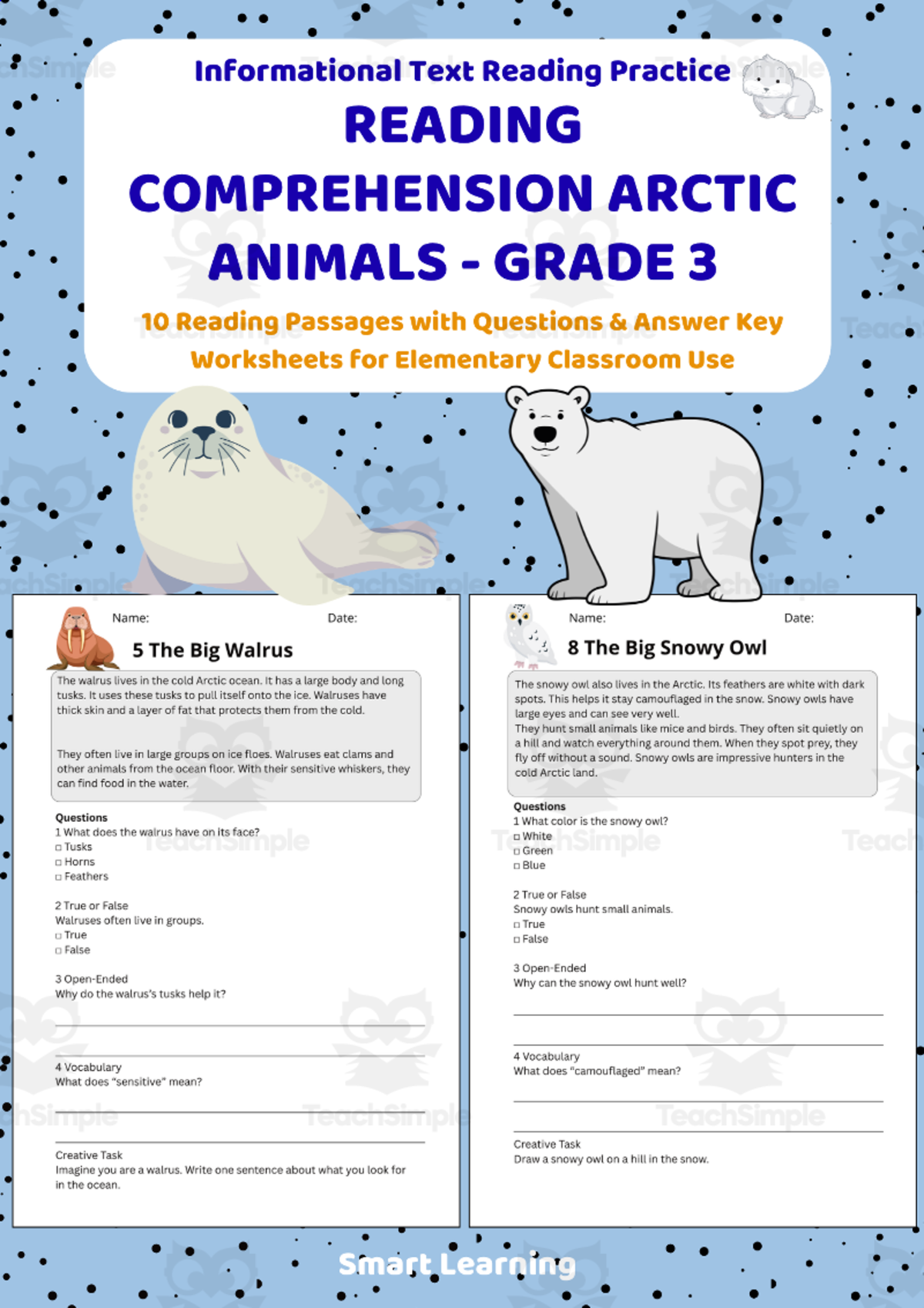 An educational teaching resource from Smart Learning Classroom entitled Reading Comprehension Arctic Animals | Grade 3 Reading Activities downloadable at Teach Simple.