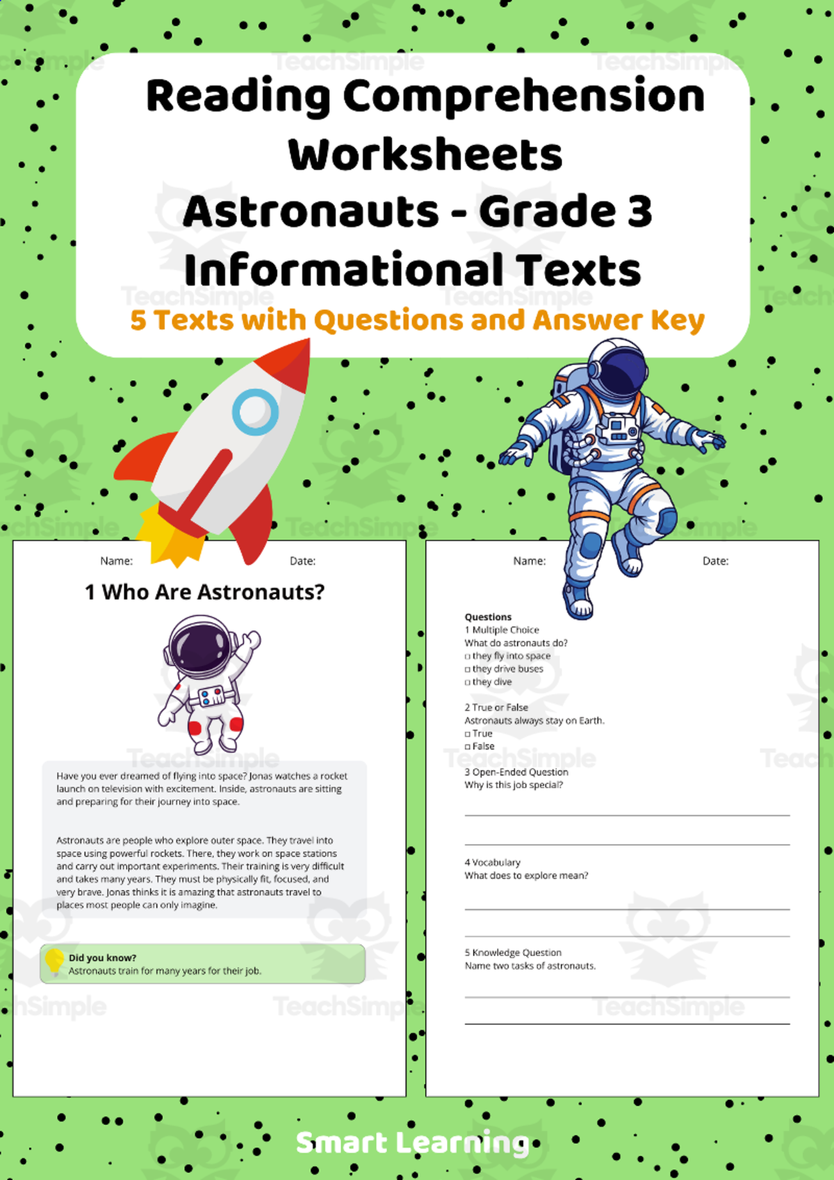 An educational teaching resource from Smart Learning Classroom entitled Reading Comprehension Astronauts | Grade 3 Informational Texts downloadable at Teach Simple.