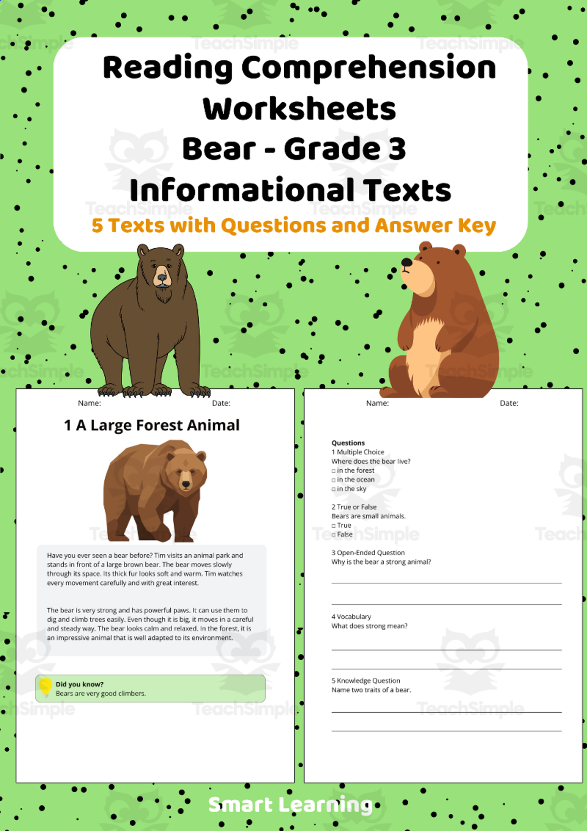 An educational teaching resource from Smart Learning Classroom entitled Reading Comprehension Bear | Grade 3 Informational Texts downloadable at Teach Simple.